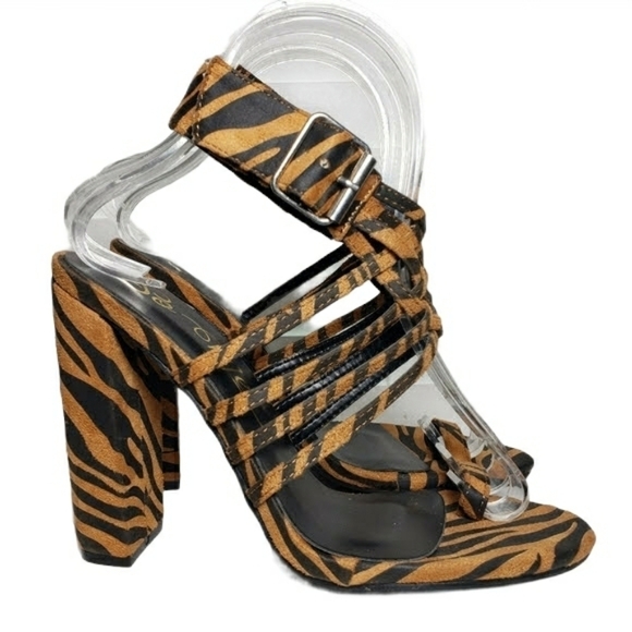 So Me Zandy Brown Zebra Print Open Toe Heels - Picture 2 of 12